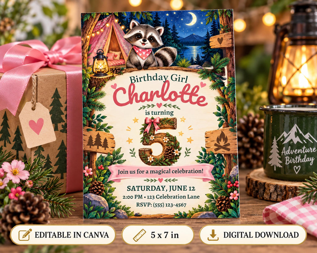 A birthday party invitation for a girl named Charlotte, featuring a raccoon, a tent, and a nighttime forest scene. The invitation is for a magical celebration on Saturday, June 12th at 2:00 PM at the Celebration Lane, RSVP: (55) 123-4567. The invitation also includes options to edit the image in Canva and download it as a digital file.