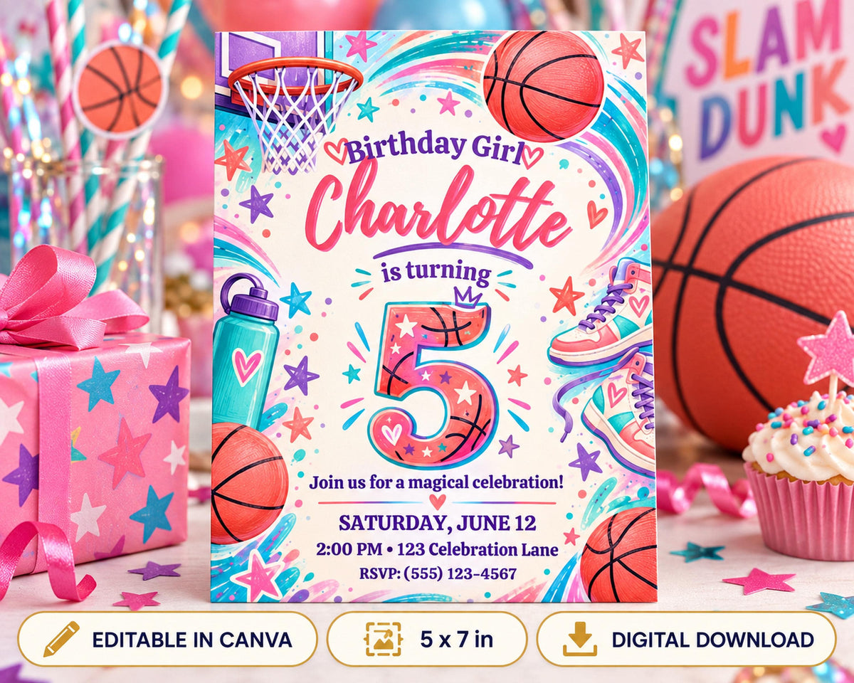 A birthday party invitation for a girl named Charlotte, featuring basketball-themed decorations and a basketball hoop.