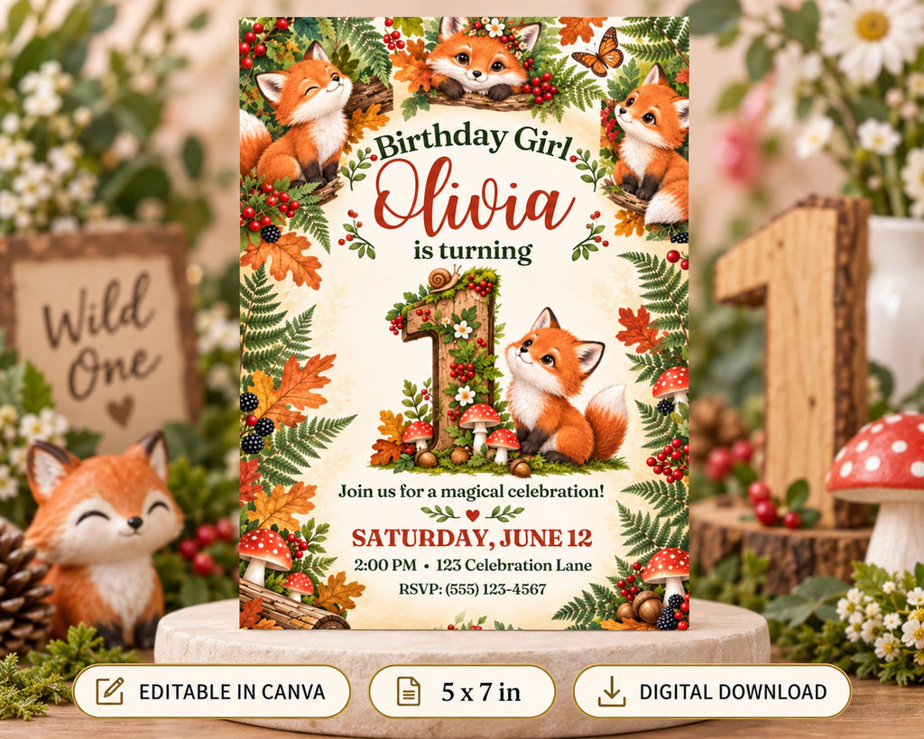 The image is a birthday invitation featuring a forest theme, with illustrations of foxes and mushrooms. The text on the invitation reads "Birthday Girl Olivia is turning" and invites guests to a magical celebration on Saturday, June 12 at 2:00 PM at the Celebration Lane. The invitation also includes options to edit, print, and download the image.