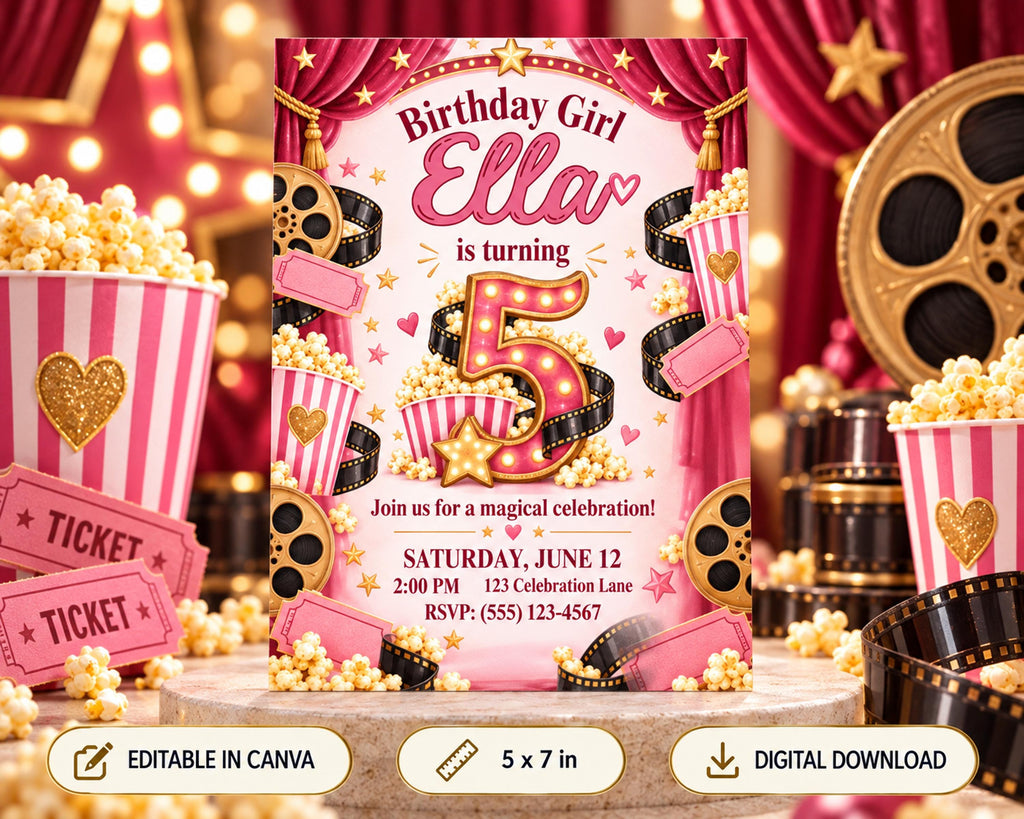 A birthday party invitation for a girl named Ella, celebrating her 5th birthday. The invitation features a pink and gold color scheme with movie-related elements, such as popcorn, film reels, and stars. The background is a red curtain with gold accents, and the text invites guests to join for a magical celebration on Saturday, June 12 at 2:00 PM at 123 Celebration Lane. The invitation also includes options to edit the image in canvas and download it as a digital file.