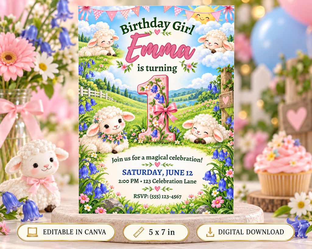 The image is a birthday invitation featuring a whimsical theme with sheep and flowers. The text on the invitation reads "Birthday Girl Emma is turning 1" and includes details about the celebration, such as the date, time, location, and RSVP instructions.