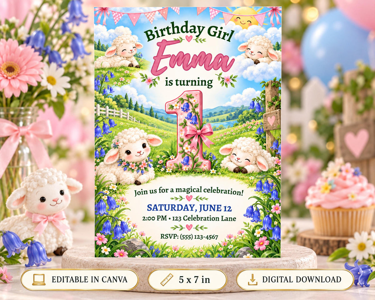 The image is a birthday invitation featuring a whimsical theme with sheep and flowers. The text on the invitation reads "Birthday Girl Emma is turning 1" and includes details about the celebration, such as the date, time, location, and RSVP instructions.