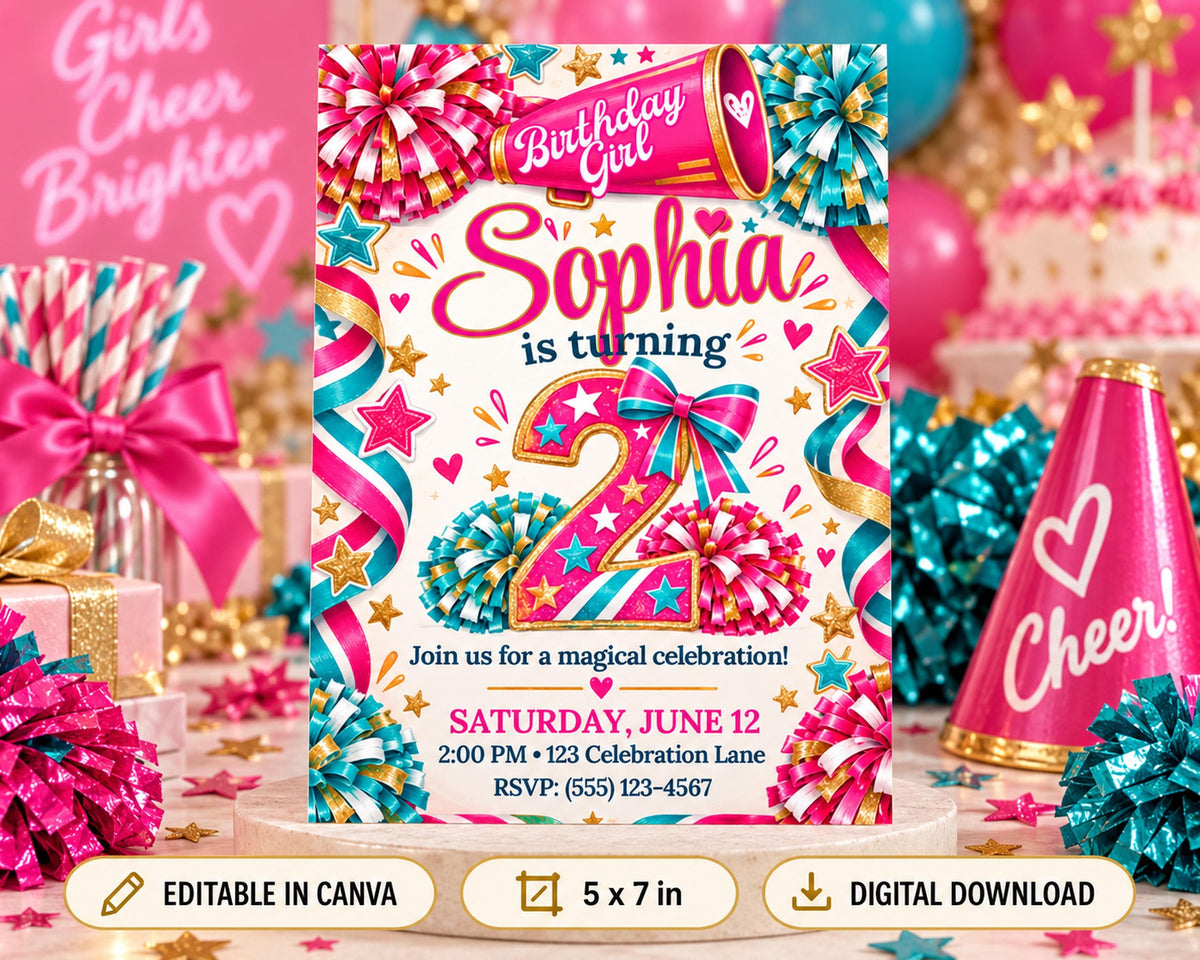 A colorful birthday party invitation for a girl named Sophia, featuring a cheerleader theme with pink and blue streamers, stars, and a megaphone.
