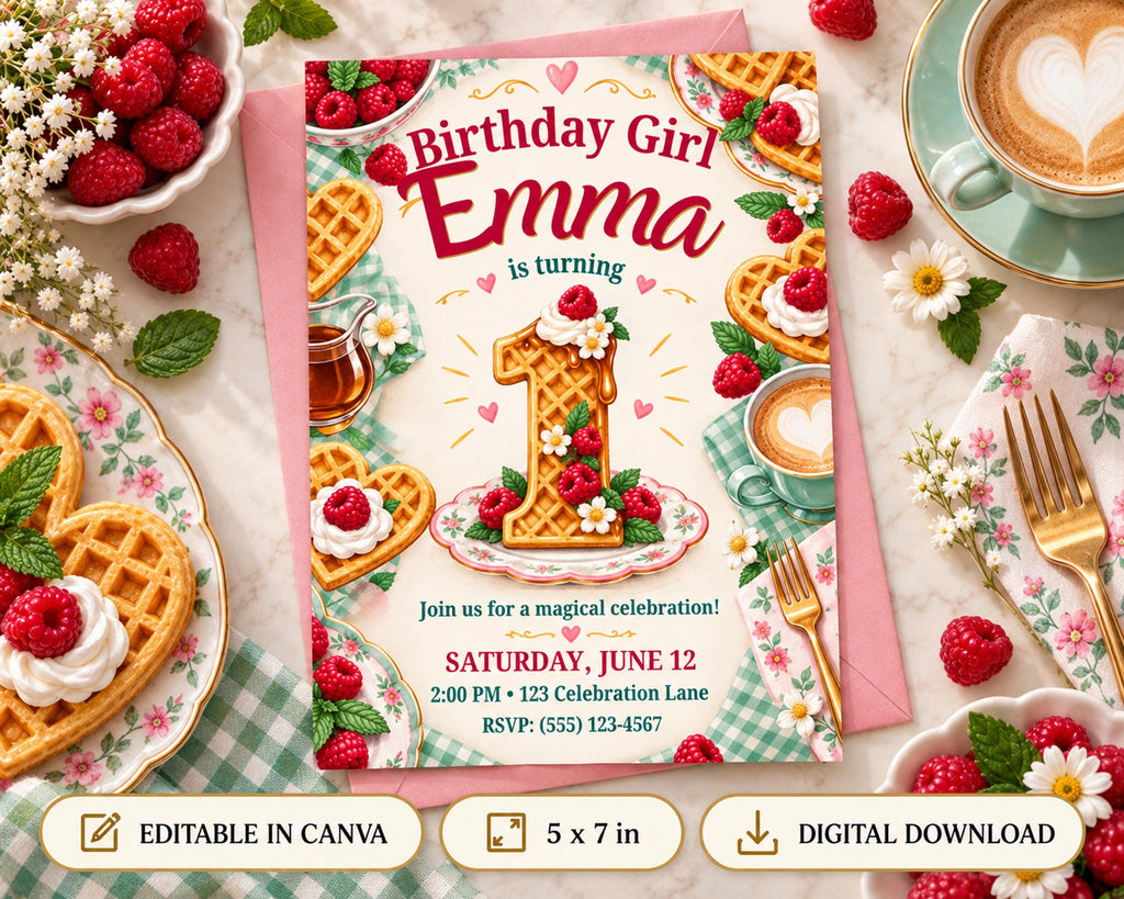 The image is a birthday invitation for a girl named Emma, featuring a whimsical design with waffles, berries, and other decorative elements. The invitation is surrounded by various items such as a teacup, a plate of waffles, and a bouquet of flowers, creating a festive atmosphere.