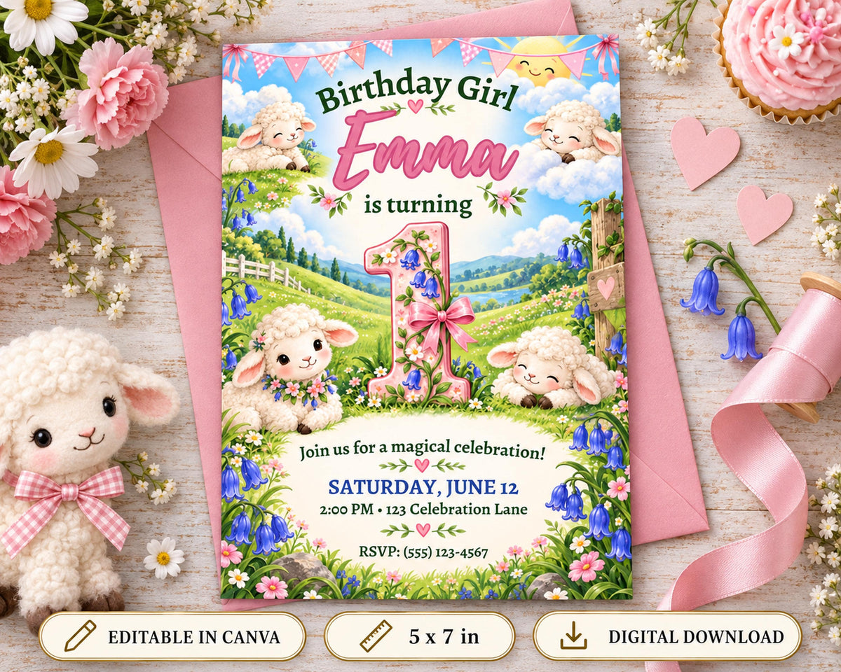 The image is a birthday invitation featuring a sheep theme, with illustrations of sheep and flowers. The invitation is for a magical celebration of Emma's 1st birthday, set for Saturday, June 12th at 2:00 PM at Celebration Lane. The invitation includes a pink ribbon and a stuffed lamb, and it is available for editing in Canva and digital download.