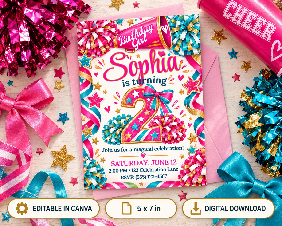 The image is a birthday invitation for a girl named Sophia, featuring a colorful design with stars, pom-poms, and a cheerleading theme. The invitation is surrounded by party decorations such as ribbons, stars, and pom-poms, creating a festive atmosphere.