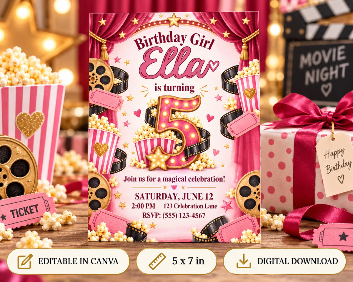 A birthday party invitation for a girl named Ella, featuring a pink and gold color scheme with movie-themed elements such as popcorn, film reels, and stars.