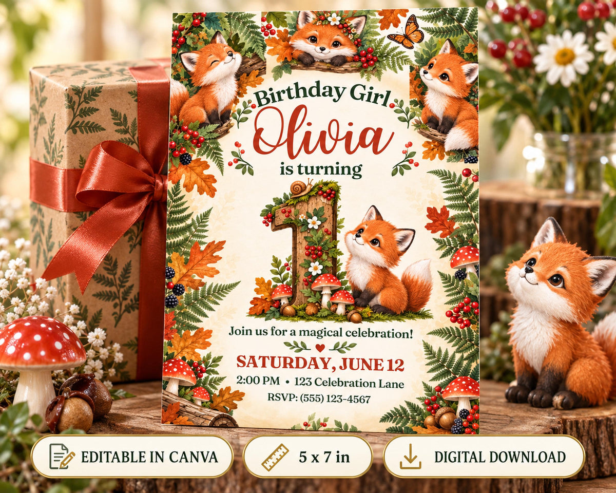 The image is a birthday invitation featuring a fox theme, with illustrations of foxes and mushrooms. The invitation is for a magical celebration on Saturday, June 12th at 2:00 PM at 125 Celebration Lane.