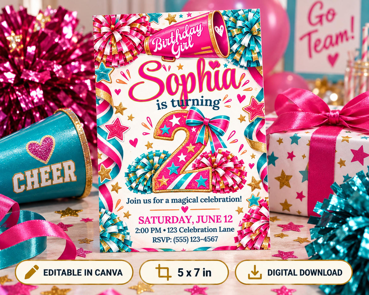 The image is a birthday party invitation for a girl named Sophia, featuring a colorful and festive design with stars, confetti, and a cheerleader theme.