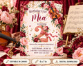 The image is a birthday invitation for a girl named Mia, which features a floral design with a violin and music notes. The invitation is for a magical celebration on Saturday, June 12th at 2:00 PM at 123 Celebration Lane, RSVP (555-123-4567). The invitation is editable in Canva and can be printed as a digital download.
