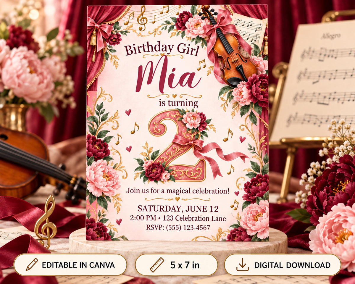 The image is a birthday invitation for a girl named Mia, which features a floral design with a violin and music notes. The invitation is for a magical celebration on Saturday, June 12th at 2:00 PM at 123 Celebration Lane, RSVP (555-123-4567). The invitation is editable in Canva and can be printed as a digital download.