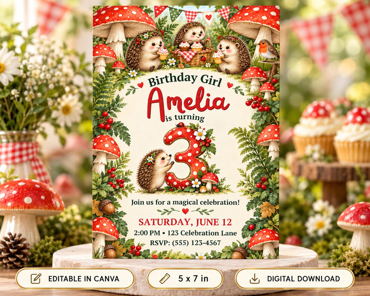 The image is a birthday invitation featuring a whimsical forest theme with hedgehog illustrations and mushrooms. The text invites guests to a magical celebration and provides details about the event, including the date, time, location, and RSVP information.