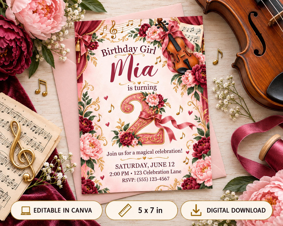 The image is a birthday invitation for a girl named Mia, featuring a musical theme with a violin and flowers. The invitation is surrounded by various musical instruments and flowers, creating a festive atmosphere.