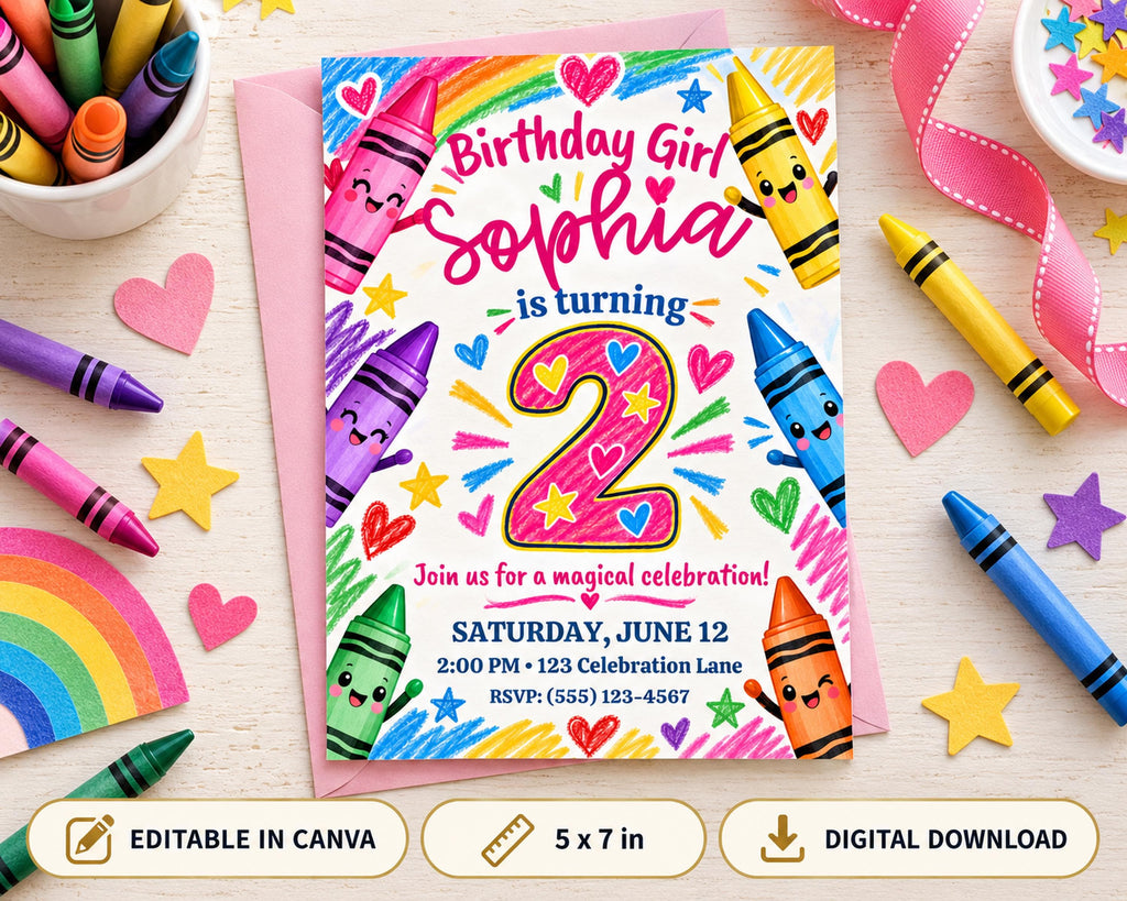 The image is a birthday invitation for a girl named Sophia, featuring colorful crayons and other party decorations.