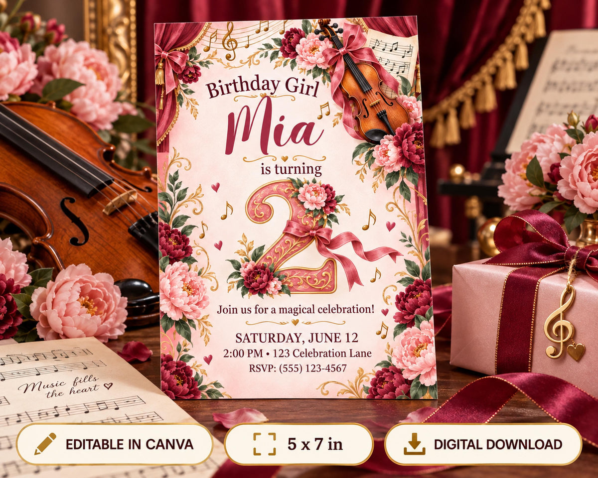The image is a birthday invitation for a girl named Mia, featuring a violin and pink flowers as the main decorative elements. The invitation is for a magical celebration and includes details about the event, such as the date, time, location, and RSVP information.
