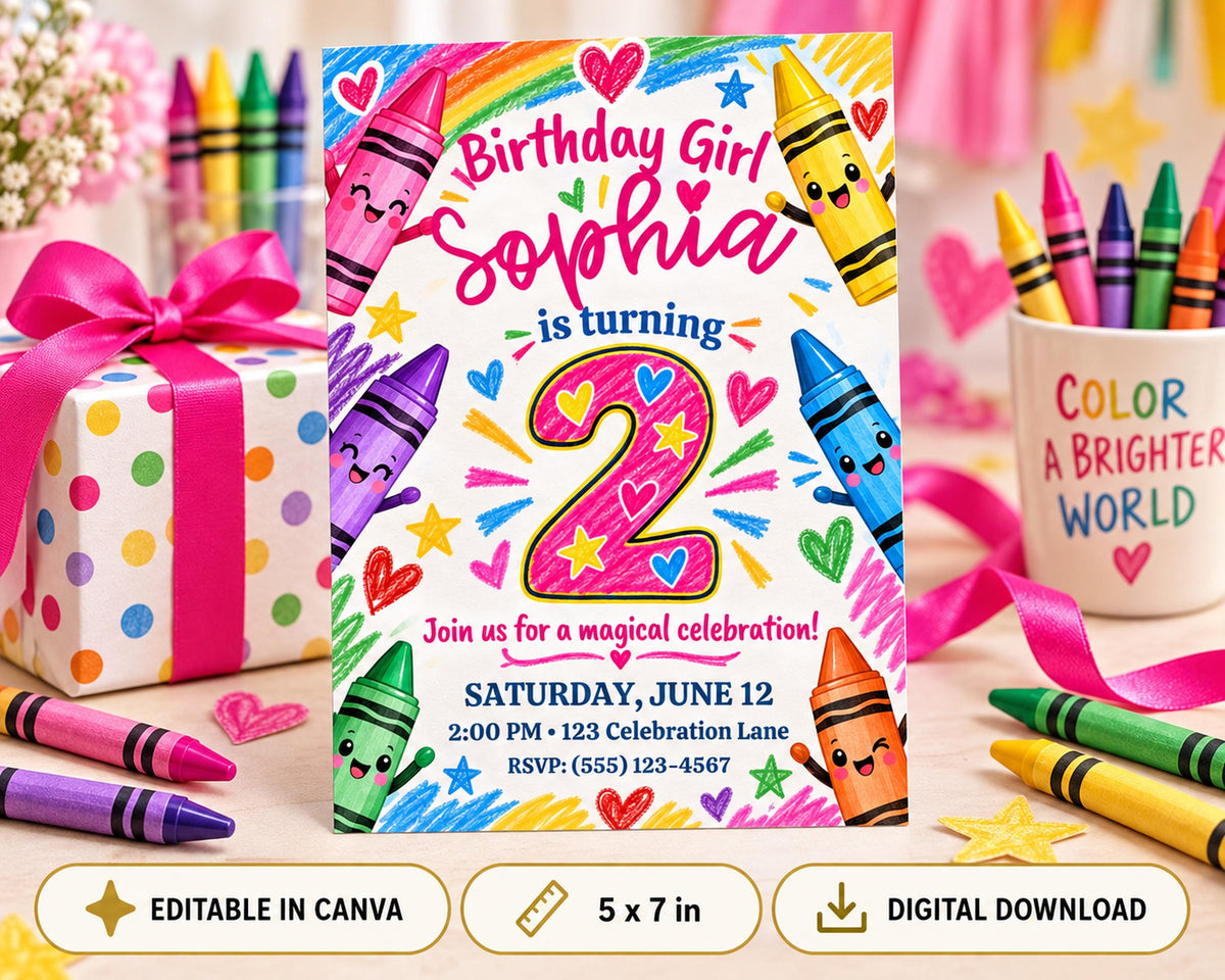The image is a birthday invitation featuring a colorful design with crayons and stars, along with text inviting guests to a magical celebration.