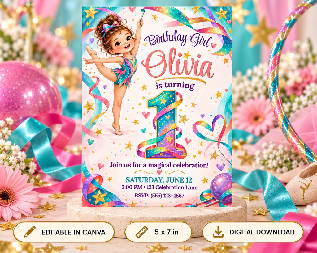 Birthday invitation for a girl named Olivia turning 1, featuring a cartoon image of a young girl with a magical wand and a colorful background with stars and ribbons.