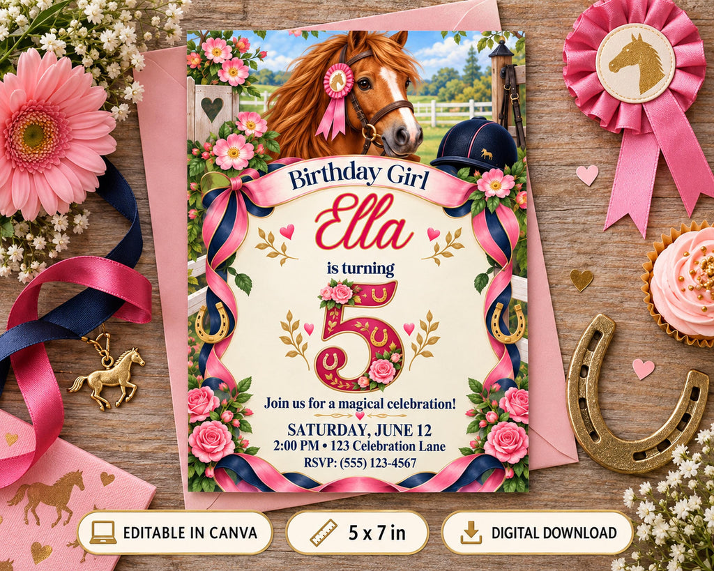 The image is a birthday invitation for a girl named Ella, featuring a horse and floral decorations.