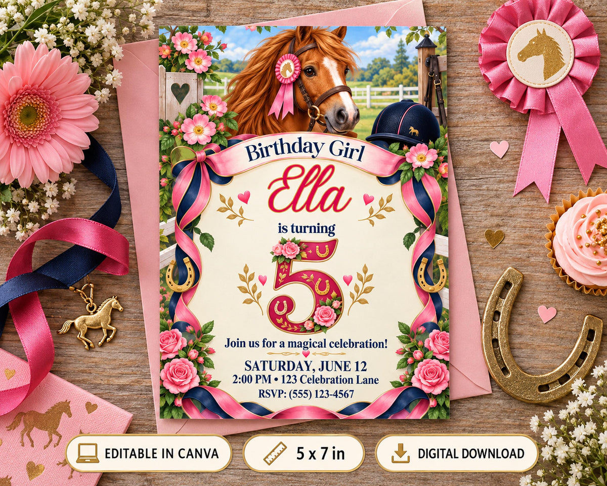 The image is a birthday invitation for a girl named Ella, featuring a horse and floral decorations.