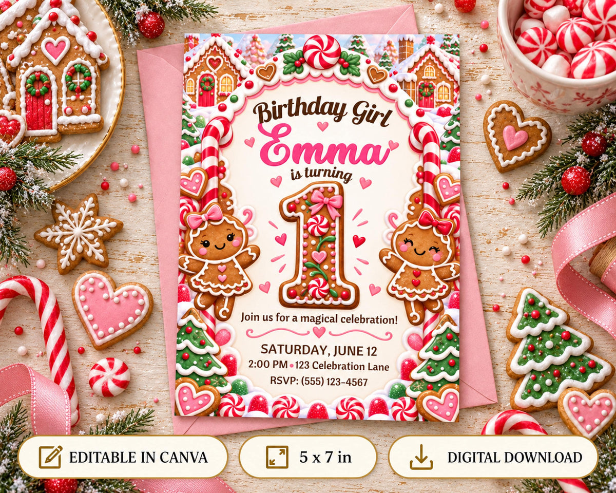 The image is a birthday invitation featuring gingerbread houses, candy canes, and other festive decorations, along with the text "Birthday Girl Emma is turning 1".