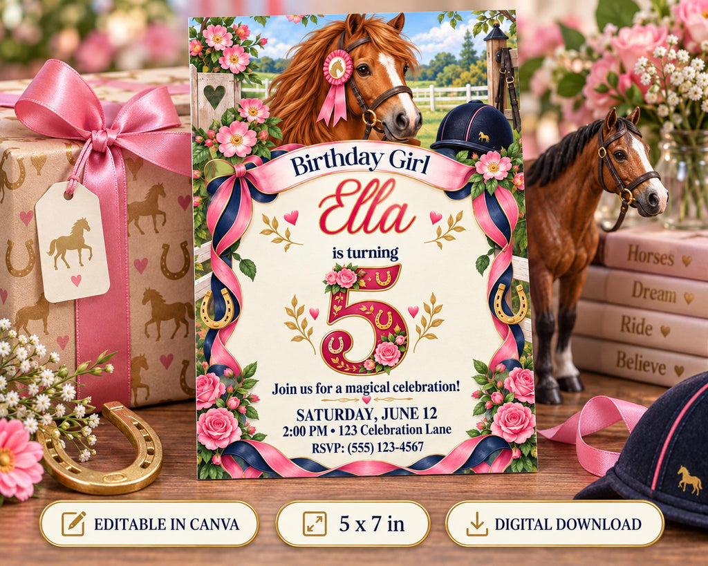 A birthday invitation for a girl named Ella, featuring a horse illustration, flowers, and a horse figurine. The invitation is surrounded by birthday decorations and books, creating a festive atmosphere.