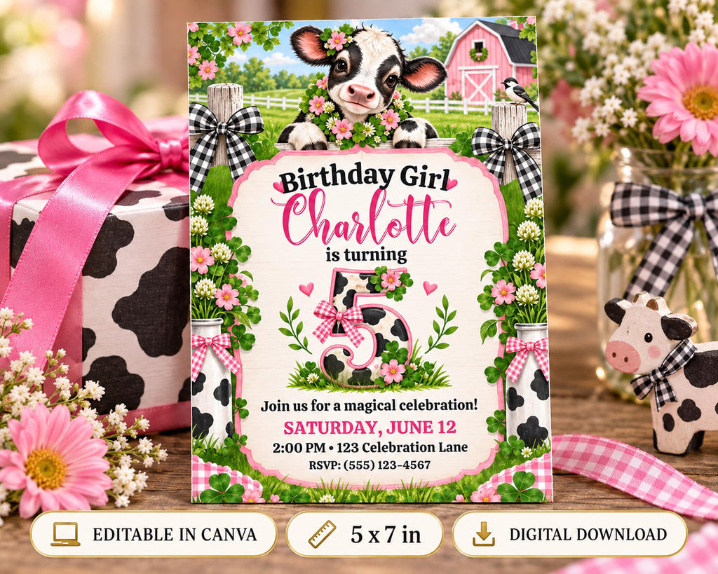 A birthday invitation for a girl named Charlotte, featuring a cow illustration, flowers, and a barn in the background. The invitation is pink and white, with a ribbon and flowers as decorations.
