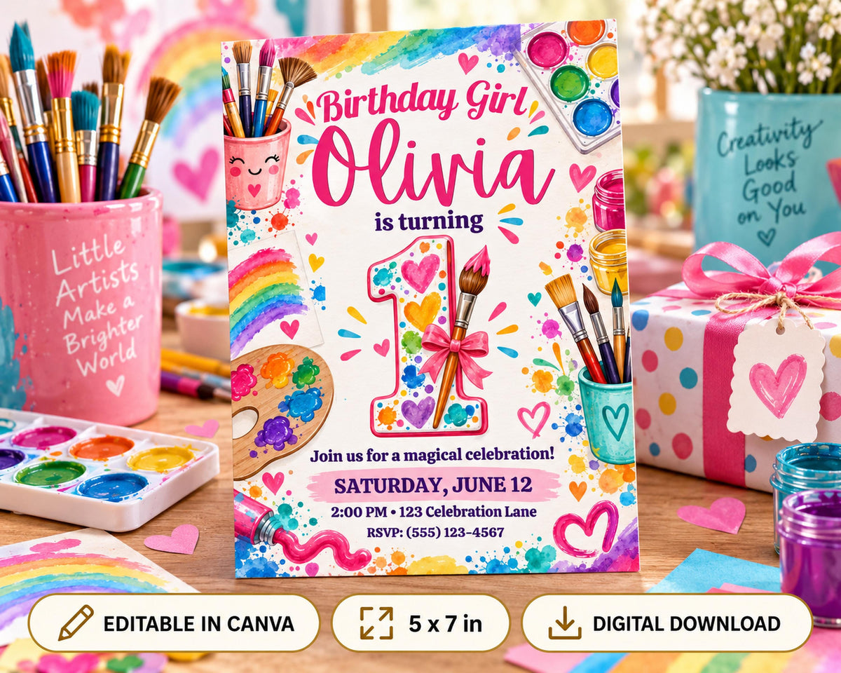 The image is a birthday invitation for a girl named Olivia, featuring a colorful and whimsical design with paintbrushes, hearts, and other art supplies. The invitation is surrounded by various art-related items, such as paint cans, paintbrushes, and a vase, suggesting a creative theme for the celebration.