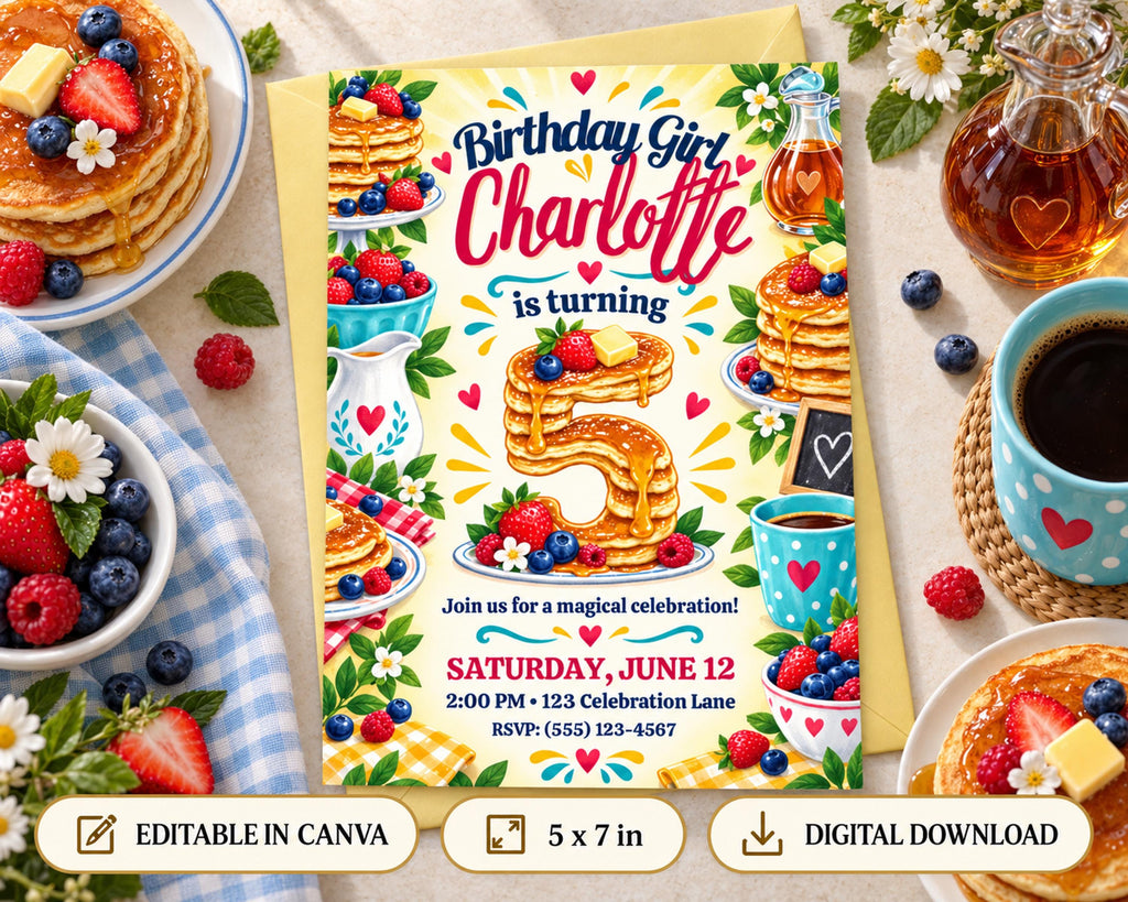 The image is a birthday invitation for a girl named Charlotte, featuring illustrations of pancakes, berries, and other breakfast items. The invitation is for a magical celebration on Saturday, June 12th at 2:00 PM at 12:00 PM at Celebration Lane.