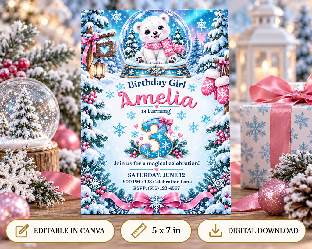 A birthday invitation for a girl named Amelia, featuring a snow globe with a teddy bear, surrounded by snowflakes, pine trees, and other winter-themed decorations.