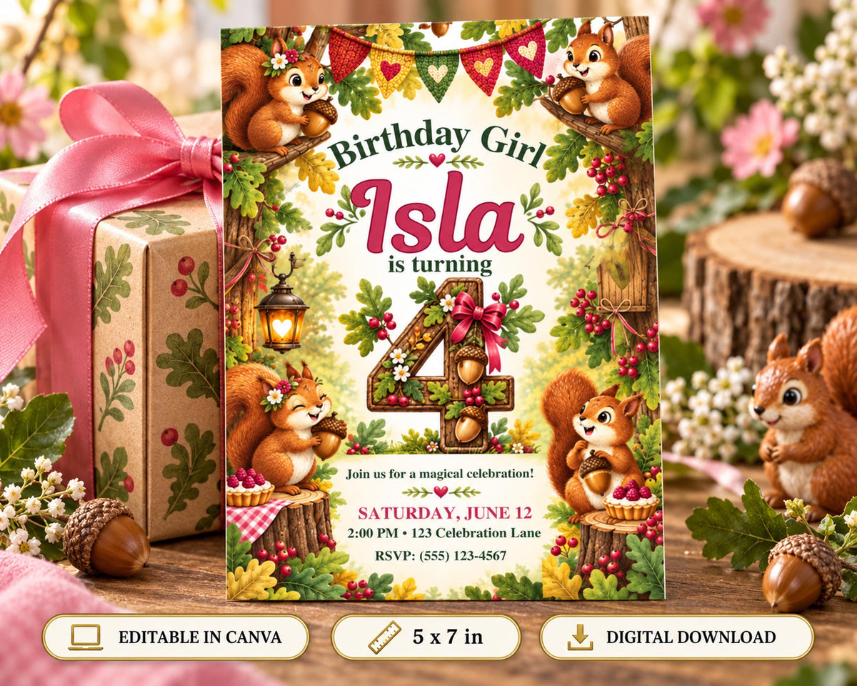 A birthday invitation featuring a woodland theme with squirrels, trees, and flowers. The invitation is for a 4-year-old girl named Isla, and it includes details about the event, such as the date, time, location, and RSVP information.