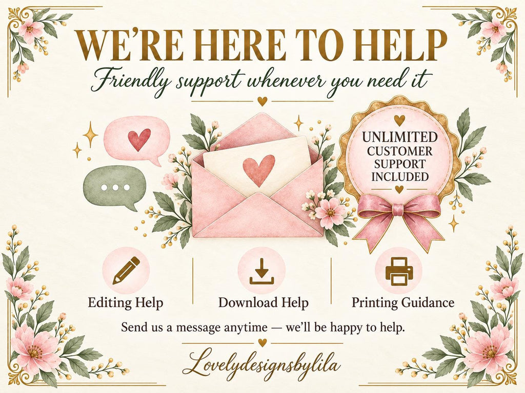 The image is a promotional poster for a company called "Lovely Designs by Lila", featuring various services such as editing, download, printing guidance, and customer support.