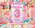 The image is a birthday invitation featuring a theme of donuts and desserts, with a focus on the number 3.