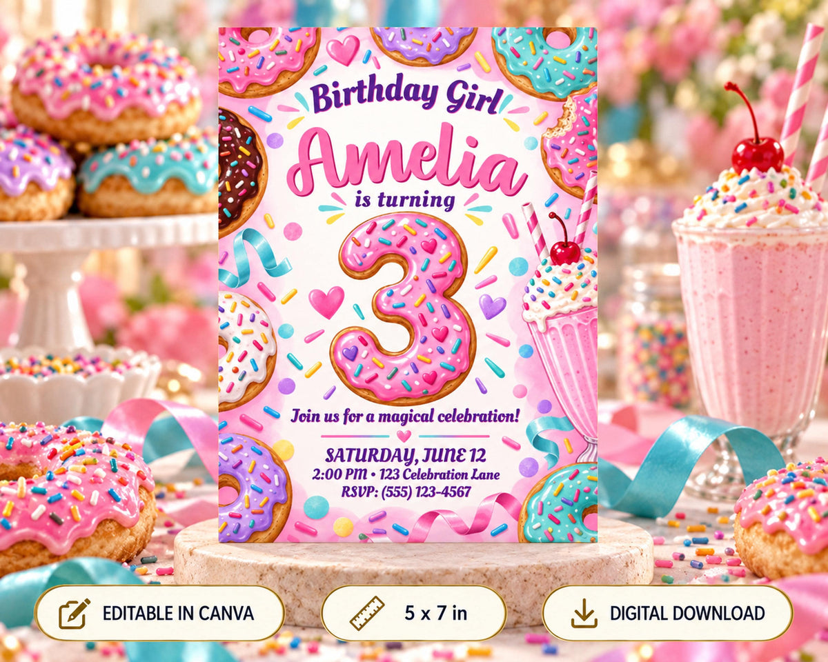 The image is a birthday invitation featuring a theme of donuts and desserts, with a focus on the number 3.