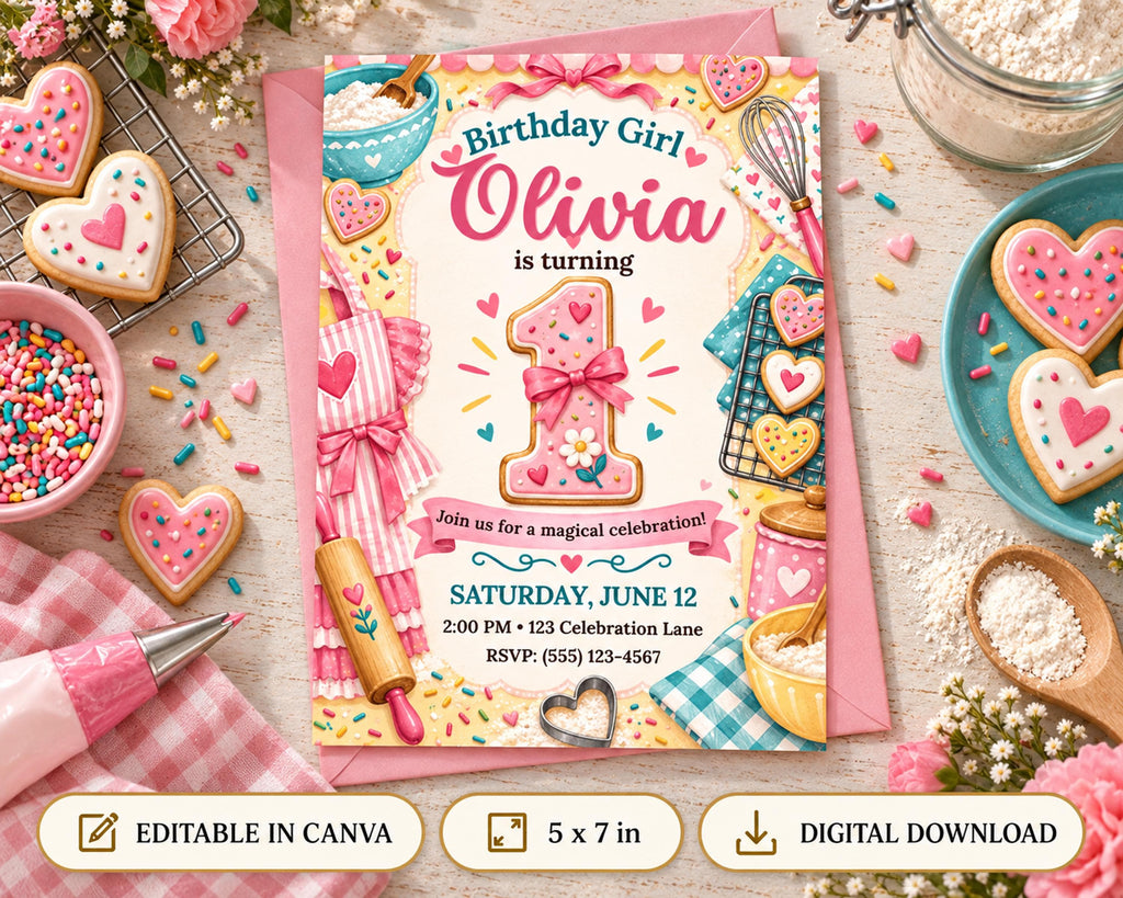 The image is a birthday invitation for a girl named Olivia, featuring a variety of colorful cookies, a pink and white striped apron, and other baking-related items. The invitation is surrounded by sprinkles and other decorative elements, creating a festive and whimsical atmosphere.