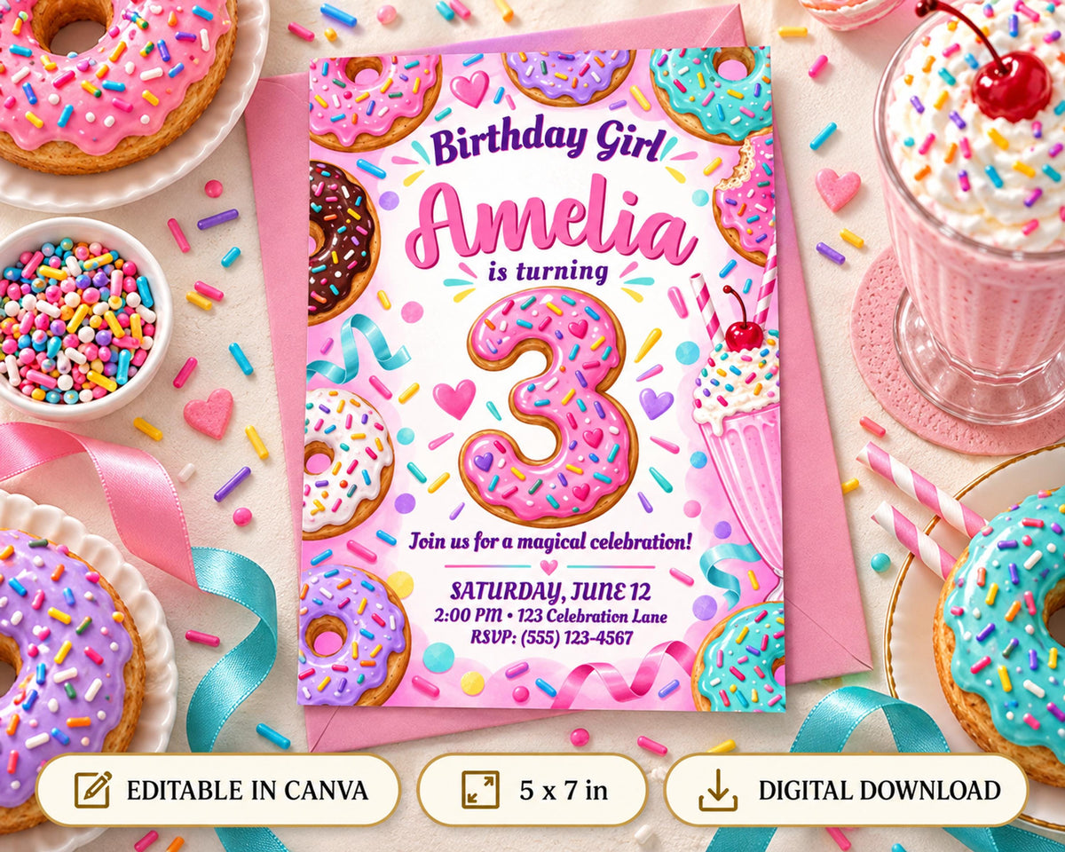 The image is a birthday invitation featuring colorful donuts and sprinkles, along with other party decorations.