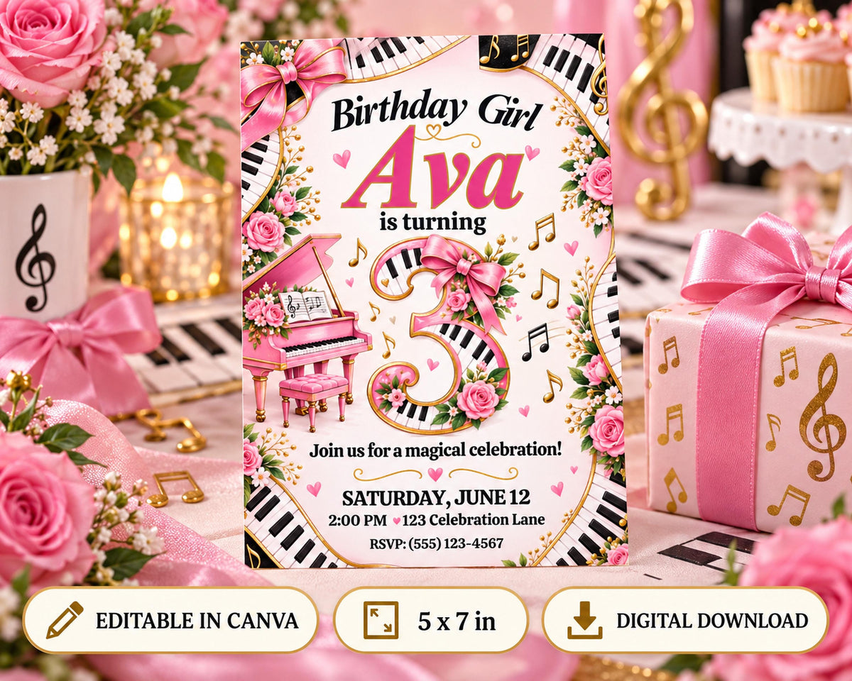 The image is a birthday invitation for a girl named Ava, who is turning three years old. The invitation is decorated with pink and white elements, including a piano and musical notes, and is surrounded by pink roses and other floral decorations.