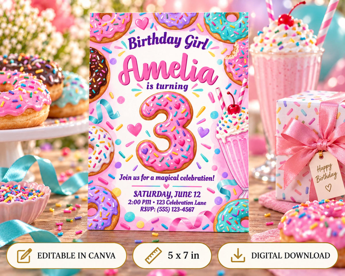 The image is a birthday invitation for a girl named Amelia, featuring a colorful design with sprinkles and donuts. The invitation is surrounded by various birthday party items, such as a birthday cake, donuts, and a milkshake.