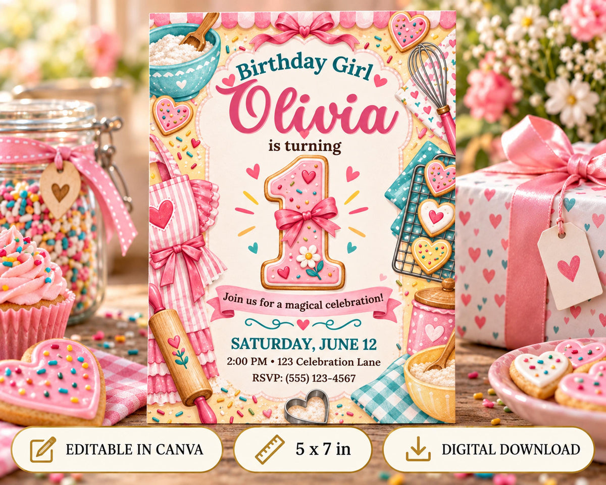 The image is a birthday invitation for a girl named Olivia, featuring a variety of sweet treats and decorations such as cupcakes, cookies, and a cake.