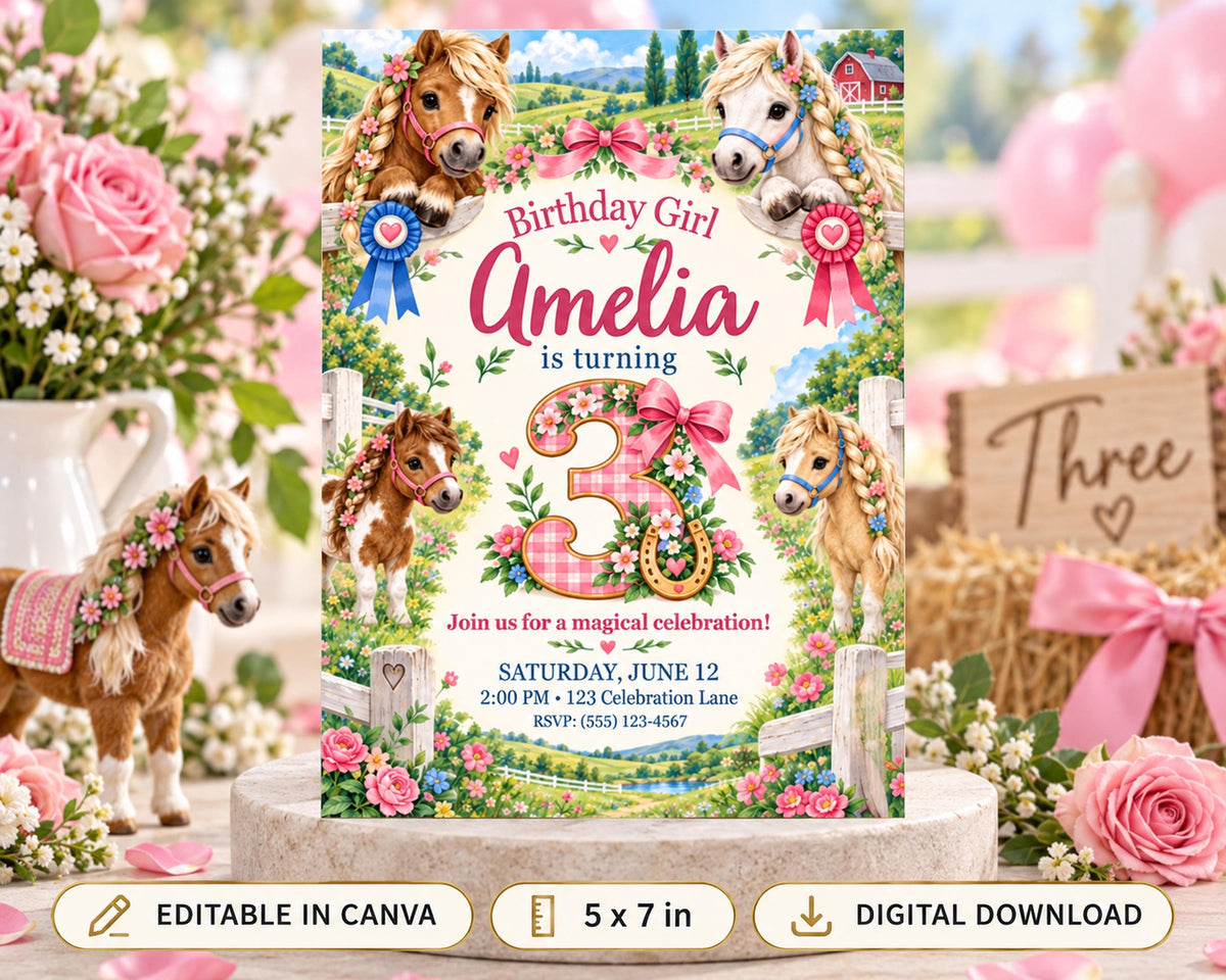 The image is a birthday invitation for a girl named Amelia, featuring illustrations of horses and flowers, with a pink and green color scheme.