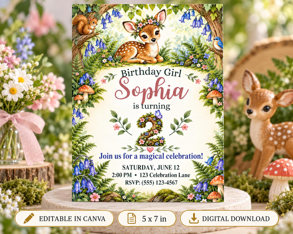 Birthday invitation for a girl named Sophia, featuring a forest theme with deer, flowers, and mushrooms.