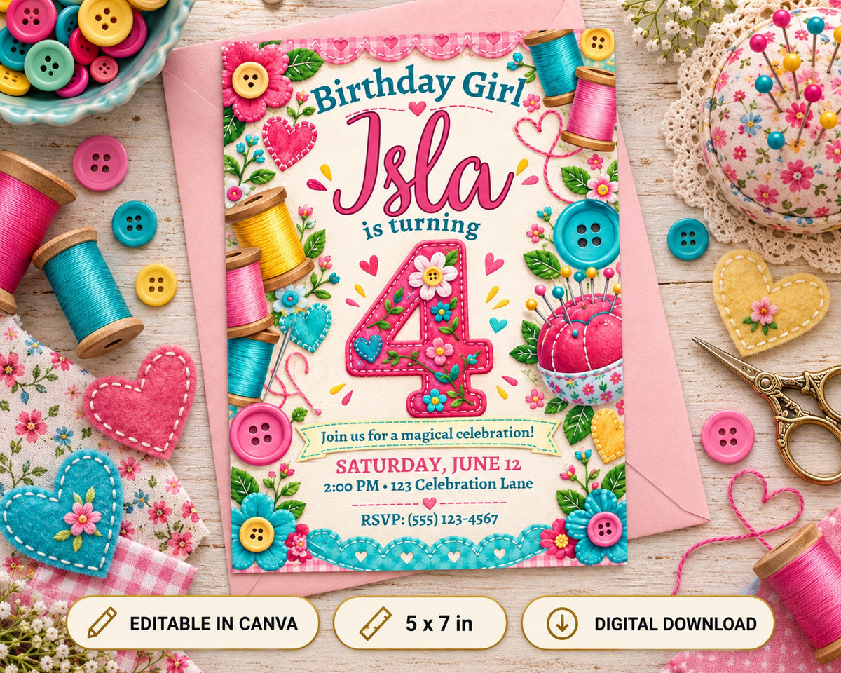 A birthday invitation for a girl named Isla, featuring colorful sewing-related decorations and text.