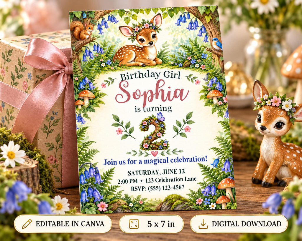 A birthday invitation for a girl named Sophia, featuring a forest theme with deer, flowers, and mushrooms. The invitation is surrounded by a pink ribbon and placed on a wooden surface with a gift box and figurines.