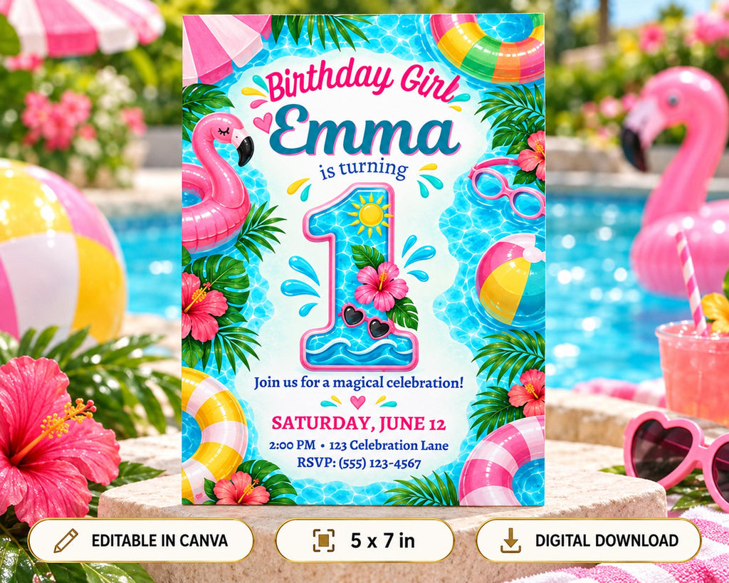 The image is a birthday invitation for a girl named Emma, featuring a pool theme with a pink flamingo, a number 1, and various beach and pool-related elements.