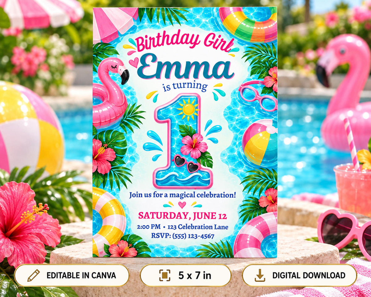 The image is a birthday invitation for a girl named Emma, featuring a pool theme with a pink flamingo, a number 1, and various beach and pool-related elements.