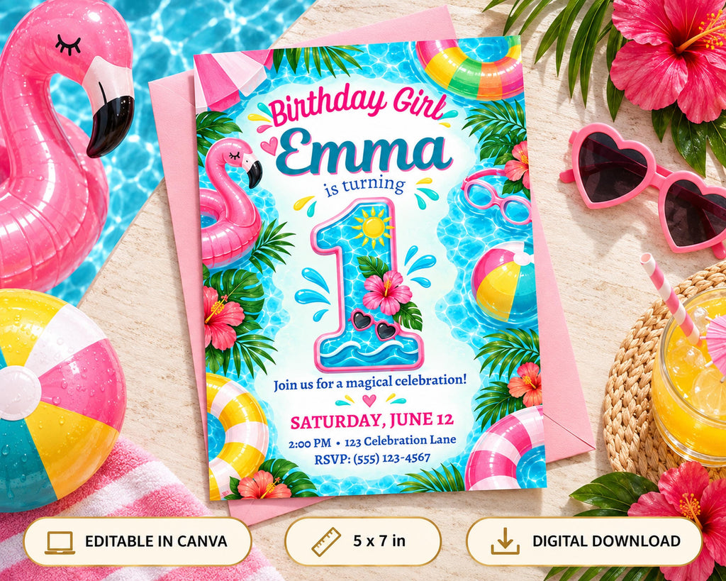 The image is a birthday invitation for a girl named Emma, featuring a pink flamingo, a number 1, and various beach-themed elements such as sunglasses, a beach ball, and a straw.