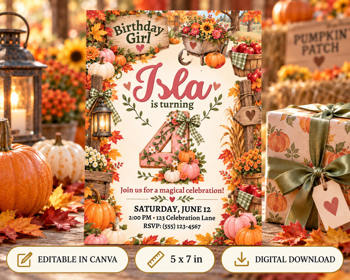 The image is a birthday invitation for a girl named Isla, celebrating her 4th birthday. The invitation features autumn-themed decorations, including pumpkins, leaves, and flowers. The text invites guests to a magical celebration on Saturday, June 12 at 2:00 PM at Celebration Lane, RSVP (phoning (651) 123-4567. The invitation also includes options to edit the design and download the digital version.