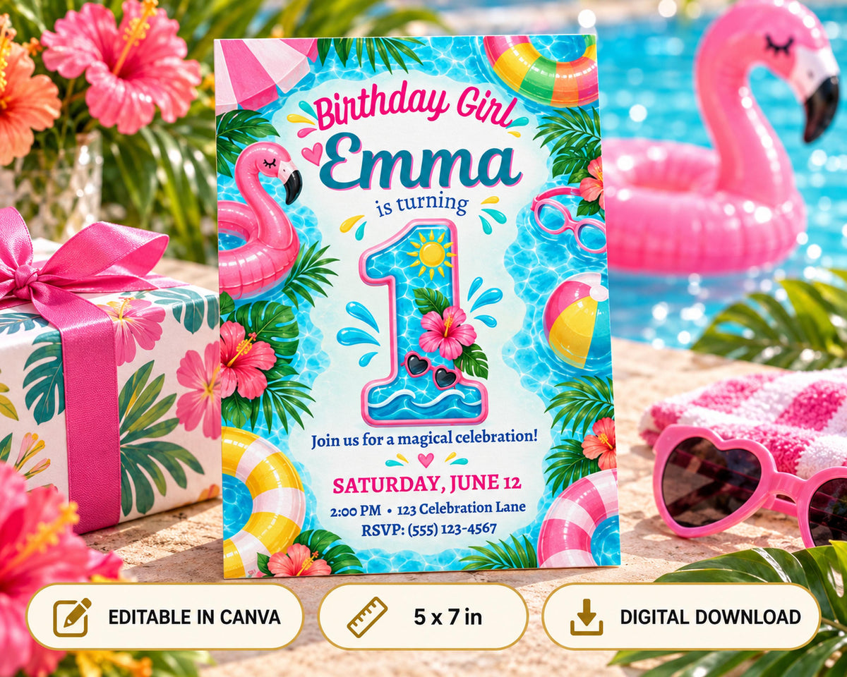 A colorful birthday invitation for a girl named Emma, featuring a pink flamingo, a pool, and other tropical elements.