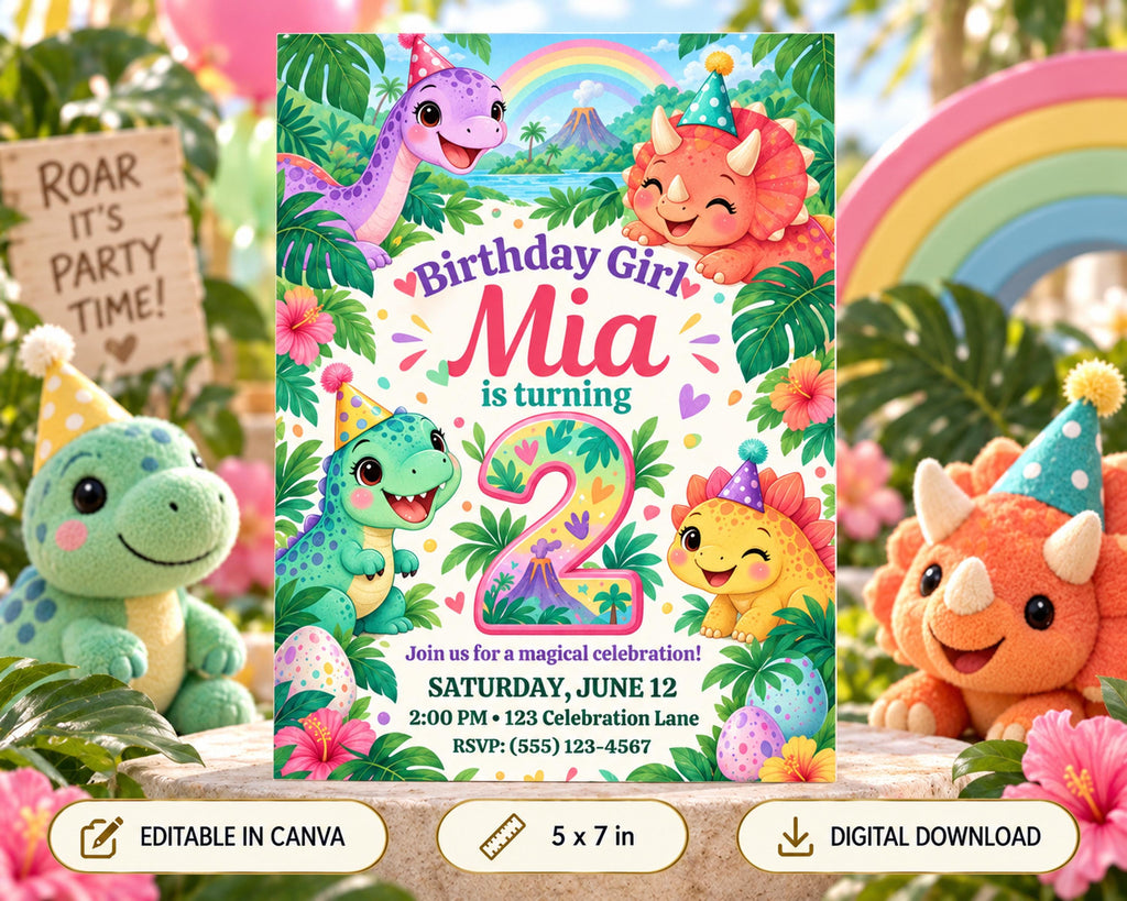 A birthday party invitation featuring a jungle theme with various dinosaur characters, including a green dinosaur, a purple dinosaur, and a yellow dinosaur, along with a rainbow and a birthday girl.