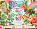 A birthday party invitation featuring a jungle theme with various dinosaur characters, including a green dinosaur, a purple dinosaur, and a yellow dinosaur, along with a rainbow and a birthday girl.