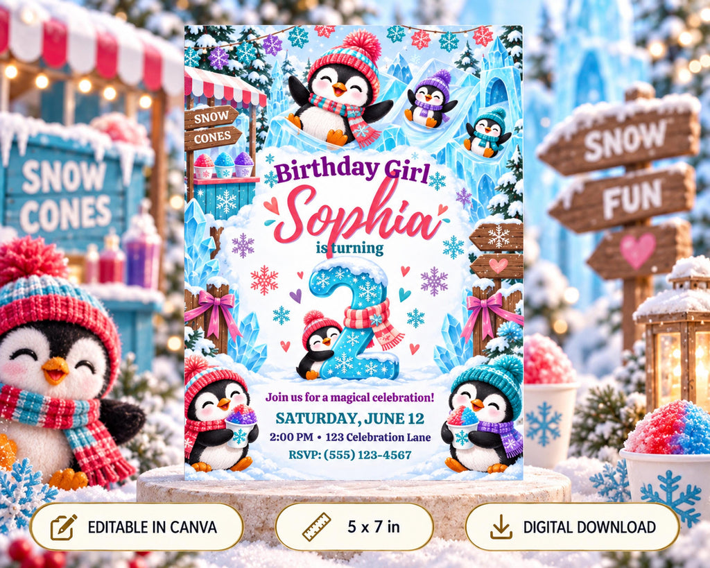 A birthday party invitation featuring a snowy winter theme with penguins, snowflakes, and a "Sophia is turning" message. The invitation is surrounded by various winter-themed decorations, including snow cones and a "Snow Fun" sign.
